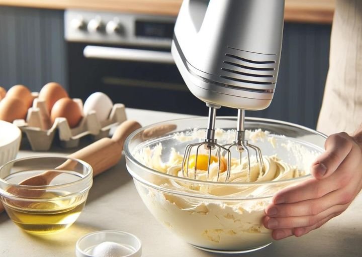 An electric mixer incorporating an egg and vanilla extract into a creamed butter and sugar mixture in a large bowl.