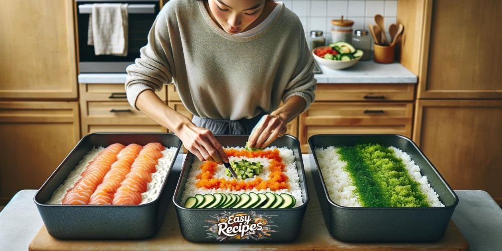 The process of assembling a sushi bake. Layers of sushi rice, seasoned seafood, and creamy toppings are being carefully spread in a baking dish, ready to be baked into a delicious fusion dish.