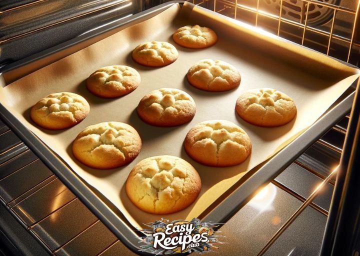 Gluten-free sugar cookies on a baking sheet in an open oven, with edges just turning golden, illustrating perfect baking time and texture.