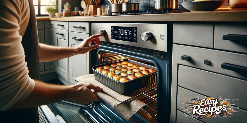 A panoramic kitchen scene showing a person setting an oven to 375°F and sliding a casserole dish inside. The oven's digital panel displays the temperature prominently, set against a backdrop of modern kitchen appliances and sleek cabinetry.