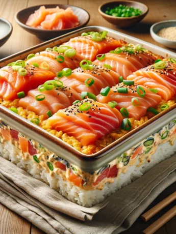 A ceramic baking dish filled with layers of sushi rice, spicy mayonnaise sauce, diced salmon, and tuna, garnished with green onions and sesame seeds, on a wooden table with chopsticks and soy sauce.