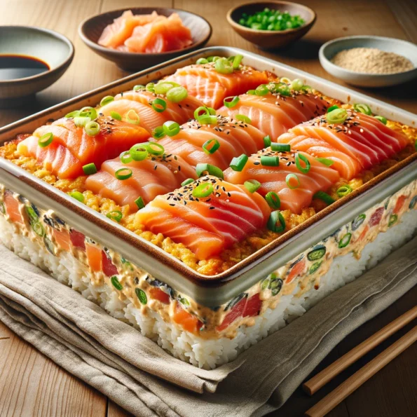 A ceramic baking dish filled with layers of sushi rice, spicy mayonnaise sauce, diced salmon, and tuna, garnished with green onions and sesame seeds, on a wooden table with chopsticks and soy sauce.
