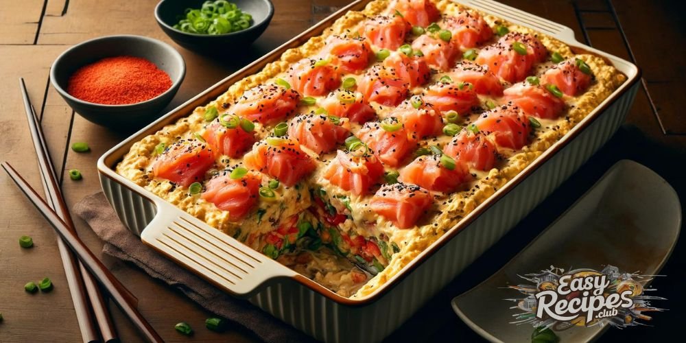  A wide view of a ceramic baking dish with sushi bake, featuring seasoned rice, creamy spicy sauce, diced salmon, and tuna, garnished with green onions and sesame seeds, on a wooden table with chopsticks and soy sauce.