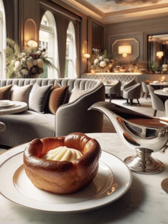 An elegant presentation of Yorkshire pudding at a luxury cafe. The golden, puffy puddings are served with a rich gravy and garnished with fresh herbs, creating a sophisticated and appetizing dish.