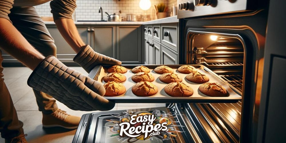 Preparing for Gluten Free Sugar cookie recipe  A person wearing oven mitts pulls out a tray of golden brown gluten free sugar cookies from an oven in a modern kitchen with stainless steel appliances and a marble countertop.