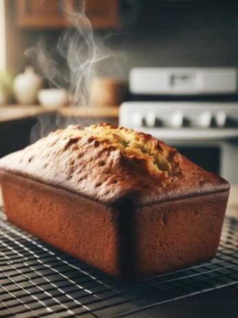 Freshly baked best banana bread recipe on a cooling rack, with a golden-brown crust and steam rising, in a cozy home kitchen setting.
