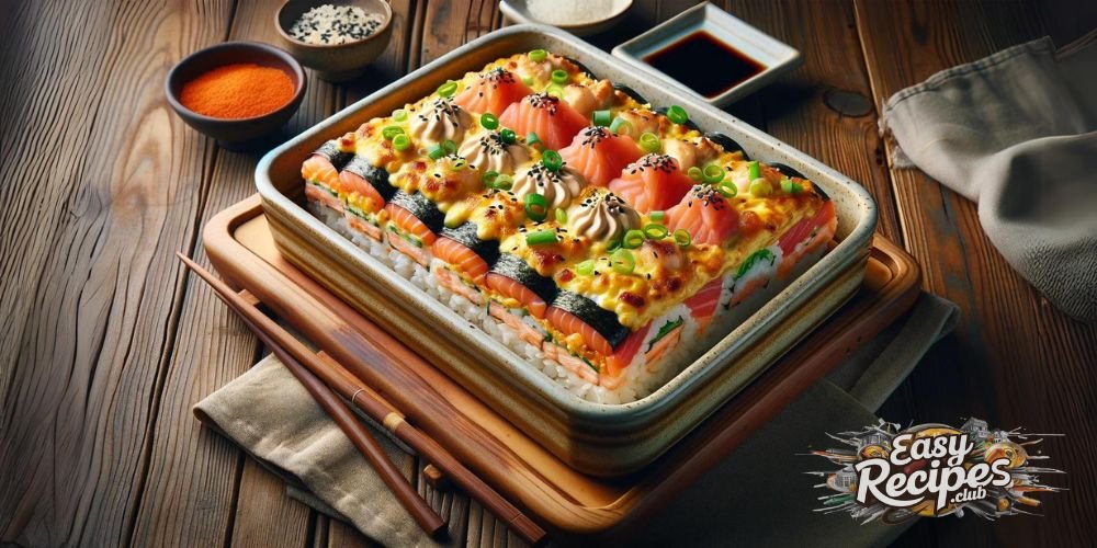 A wide view of a sushi bake recipe in a ceramic dish, layered with sushi rice, creamy spicy sauce, and diced seafood, garnished with green onions and sesame seeds, set on a rustic wooden table with chopsticks and soy sauce.