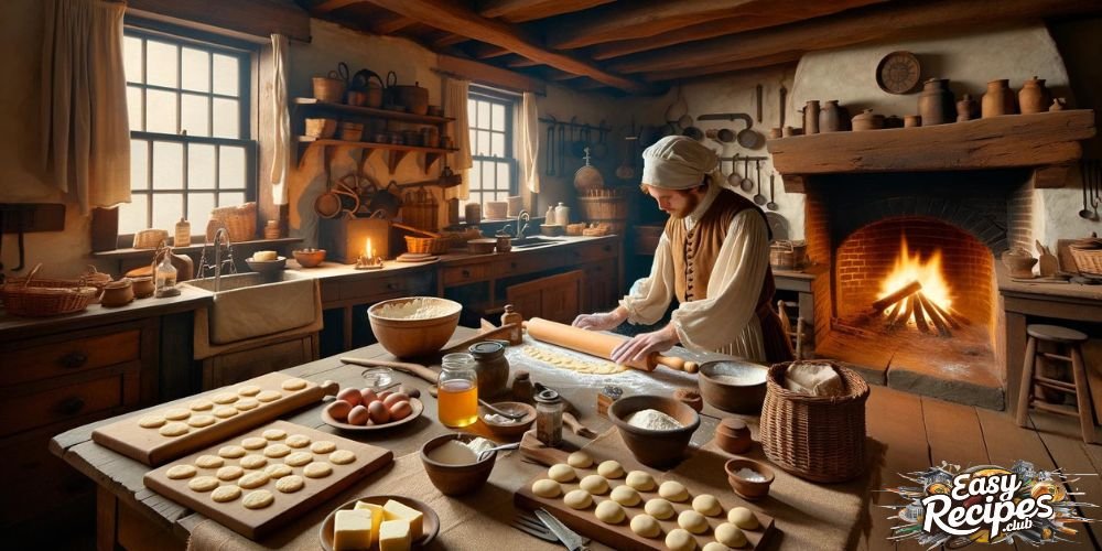  In a rustic 1700s Pennsylvania kitchen, a German settler in traditional attire rolls out cookie dough on a wooden table near a large hearth, with ingredients like sugar, flour, butter, and eggs arranged around them. For Gluten Free Sugar Cookie Recipe