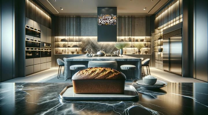 Freshly baked banana bread on a sleek marble countertop in a modern luxury kitchen with stainless steel appliances and minimalist decor.