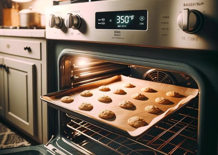 A kitchen oven set to 350°F with a baking sheet lined with parchment paper inside, in a home kitchen setting.
