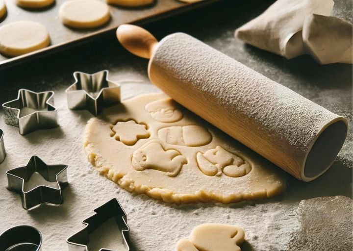 The process of rolling and cutting gluten-free sugar cookie dough. The dough is being rolled out evenly and cut into various shapes using cookie cutters, preparing for baking.