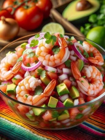 A colorful shrimp ceviche in a clear glass bowl, displayed on a wooden table with a Mexican-themed backdrop. The ceviche contains tomatoes, onions, cilantro, lime juice, shrimp, and avocado.