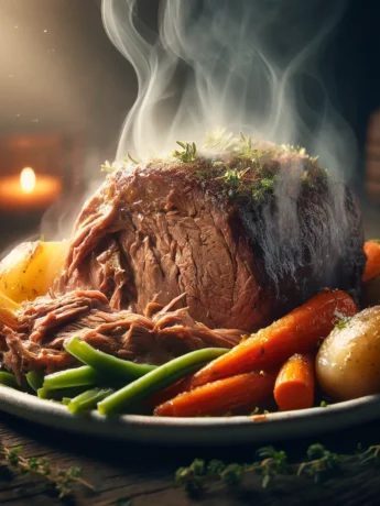 Steaming beef pot roast recipe on a white ceramic plate with shredded meat, surrounded by roasted vegetables and garnished with herbs, set on a wooden table.