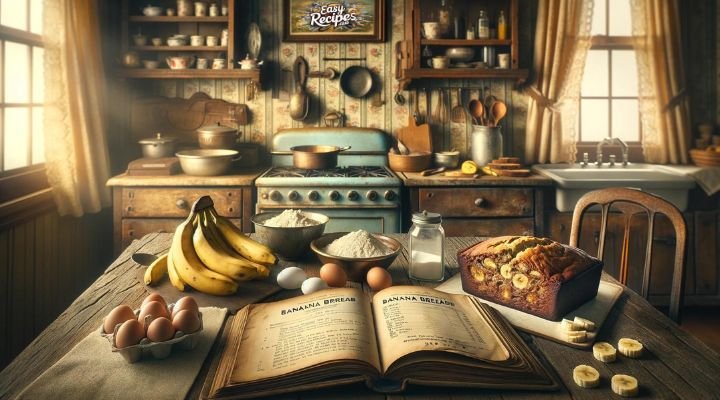 A 1930s kitchen scene with a rustic wooden table displaying ingredients for banana bread and an open vintage cookbook, evoking a nostalgic atmosphere.