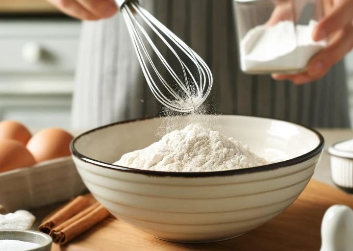 Whisking dry ingredients for gluten-free sugar cookies. A bowl contains a blend of gluten-free flour, baking powder, and salt, which are being mixed to ensure even distribution before combining with wet ingredients.