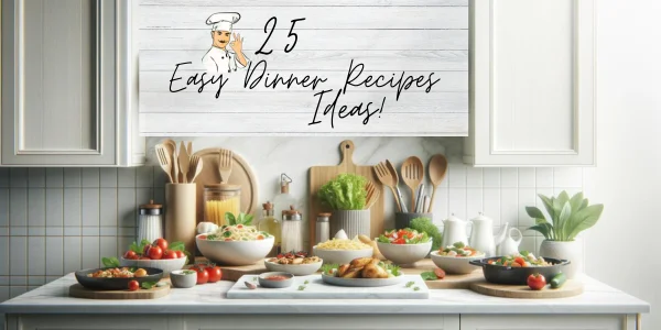 A variety of delicious dishes including pasta, chicken, stir-fry, and salad, beautifully arranged on a marble countertop in a modern kitchen with a white-toned background, perfect for a blog's featured image.