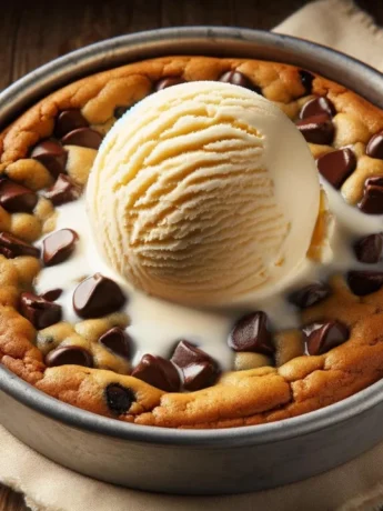 A Pizookie dessert featuring a golden-brown chocolate chip cookie topped with melting vanilla ice cream, set on a rustic wooden table.