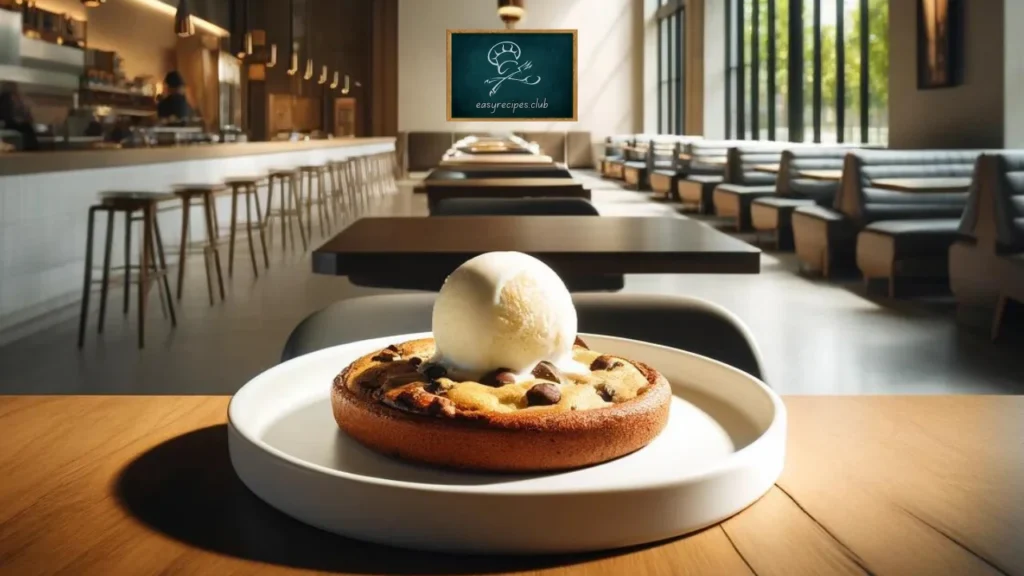 A Pizookie recipe in a contemporary cafeteria, featuring a golden-brown chocolate chip cookie with melting vanilla ice cream, presented in a trendy urban cafe environment.