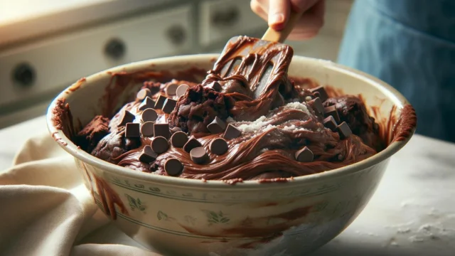 A close-up of a mixing bowl with thick brownie dough, chocolate chips, and vanilla extract being folded in with a spatula.