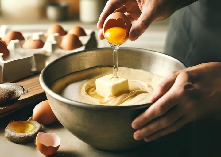 A person's hand is shown adding an egg into a large mixing bowl containing a creamy mixture of butter and sugars. The egg is captured mid-crack, emphasizing the careful addition process. Another egg awaits its turn beside the bowl, set against a backdrop of kitchen utensils in a cozy kitchen atmosphere.