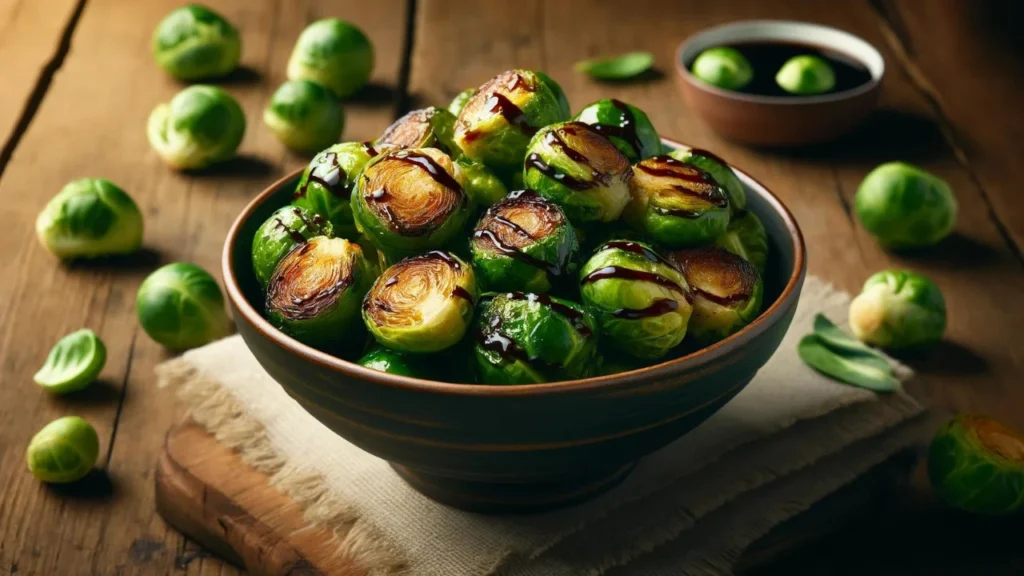 Crispy air fried Brussels sprouts with a balsamic glaze.