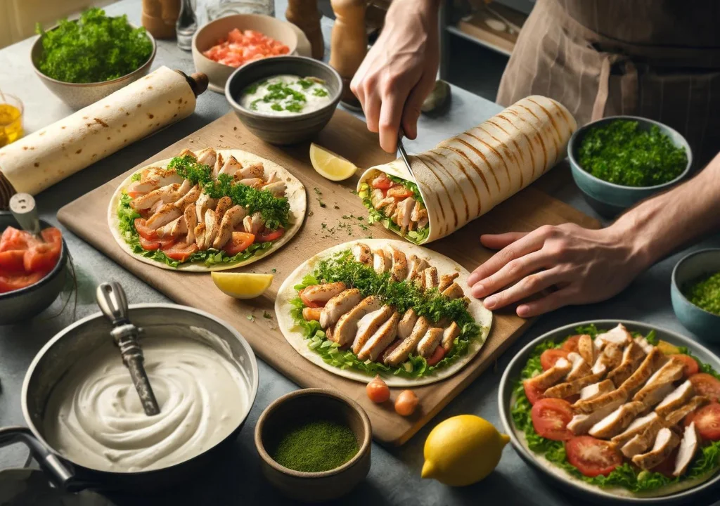 Final steps in preparing Chicken Shawarma wraps shown in a modern kitchen, including slicing chicken, adding garnishes, rolling the bread, and optionally grilling to crisp the exterior.