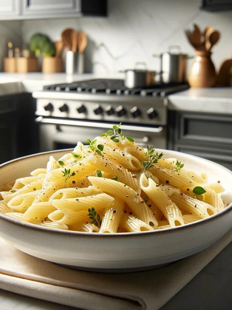 A dish of Boursin Pasta with creamy sauce and fresh herbs, served in a white ceramic plate in a sleek kitchen.