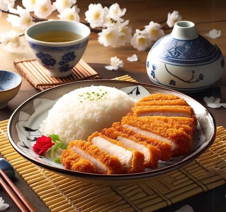 Chicken Katsu, crispy and golden-brown, served beside fluffy white rice on a traditional Japanese plate, accented with cherry blossoms and a cup of green tea, all on a bamboo mat.