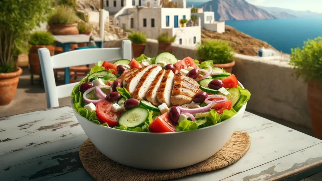 Wide view of a Greek Chicken Salad on a rooftop overlooking the Mediterranean, featuring fresh vegetables, kalamata olives, feta, and herb-seasoned grilled chicken, with a sea and Greek architecture background.