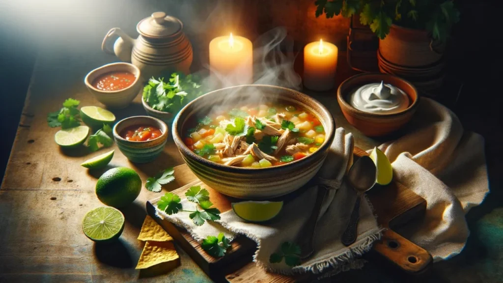 A steaming bowl of Chicken Taco Soup recipe in a rustic kitchen with a wooden table, surrounded by fresh cilantro, lime wedges, and a bowl of sour cream, with a lit candle adding to the warm ambiance.