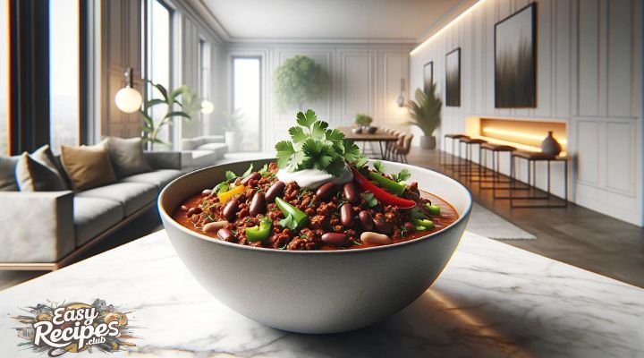 Chilli Con Carne Recipe; A wide photo-realistic image of Chilli Con Carne served in a contemporary style. The dish is elegantly presented in a modern bowl on a white marble table, featuring finely chopped meat, beans, and colorful bell peppers, topped with fresh cilantro and a swirl of sour cream. 