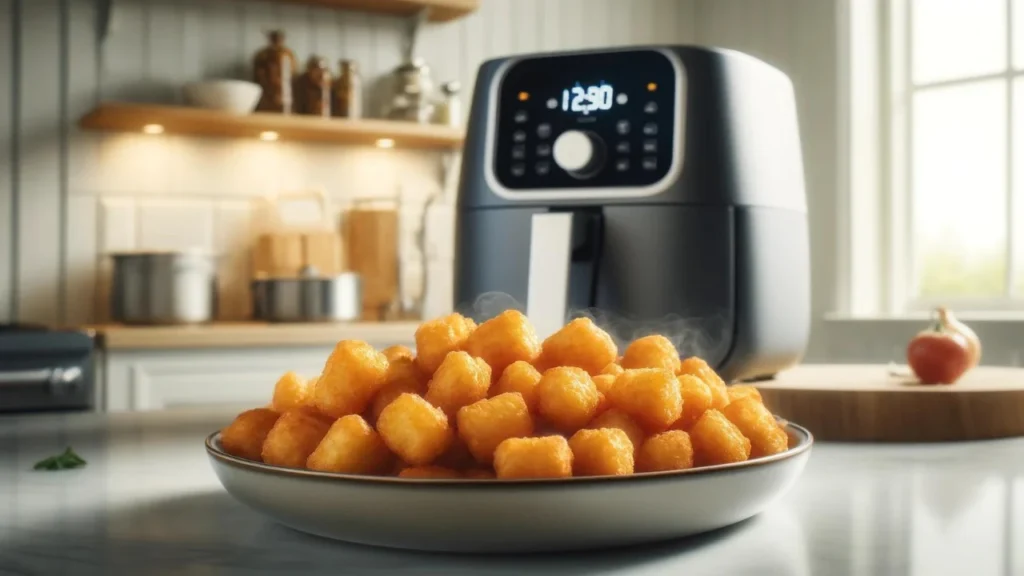 Close-up of a serving dish with crispy, golden-brown tater tots in a modern kitchen, with an air fryer in the background