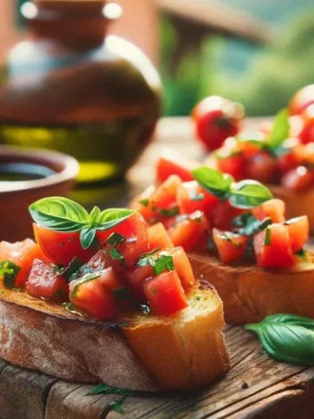 Close-up view of bruschetta recipe on a rustic wooden table, featuring fresh tomatoes, basil, and olive oil, with a softly blurred garden background.