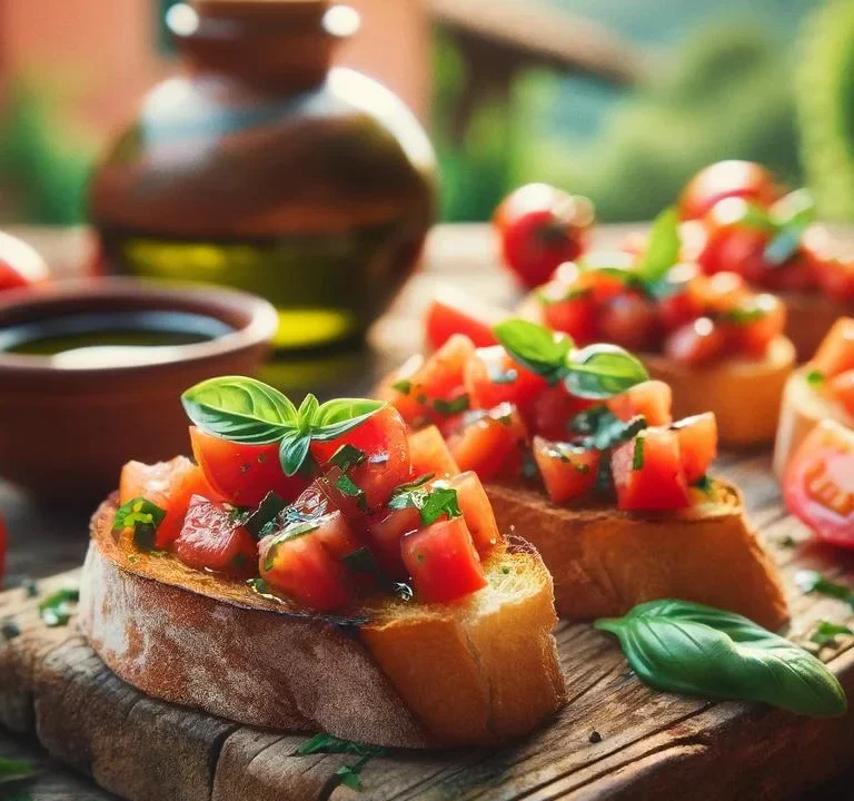 Close-up view of bruschetta recipe on a rustic wooden table, featuring fresh tomatoes, basil, and olive oil, with a softly blurred garden background.