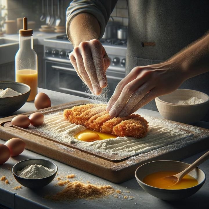 A person coats a chicken breast in flour, then dips it in beaten eggs, and finally covers it thoroughly with panko breadcrumbs, pressing to adhere well, in a kitchen setting.