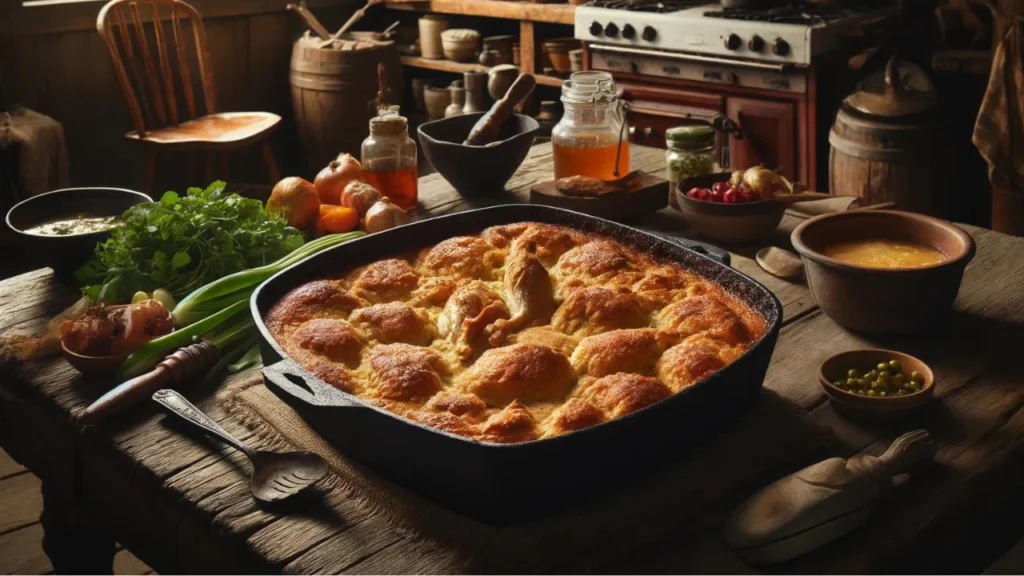 A savory Chicken Cobbler served in a cast iron skillet on a wooden table within a rustic kitchen setting, featuring wooden beams and a hearth, capturing the colonial era's essence.