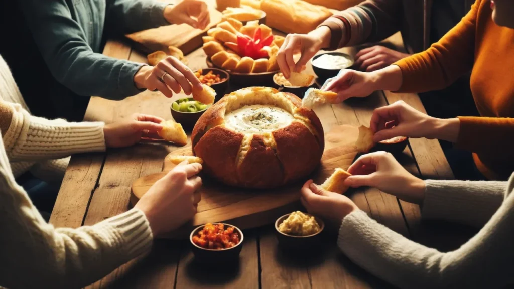  A wooden table with a group of hands reaching to dip bread pieces into a cob loaf recipe filled with creamy dip, surrounded by various customizable fillings like vegetables and bacon, in a cozy, inviting atmosphere.