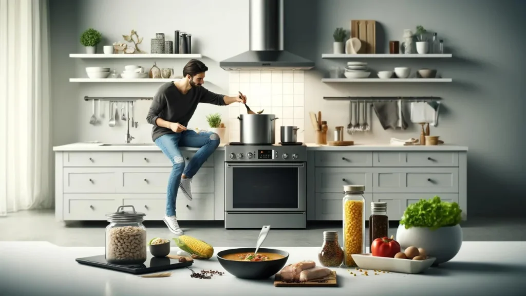 A contemporary kitchen with a person stirring Chicken Taco Soup recipe in a pot on a sleek stove, surrounded by ingredients like chicken, beans, corn, and spices on a clean, minimalist countertop.