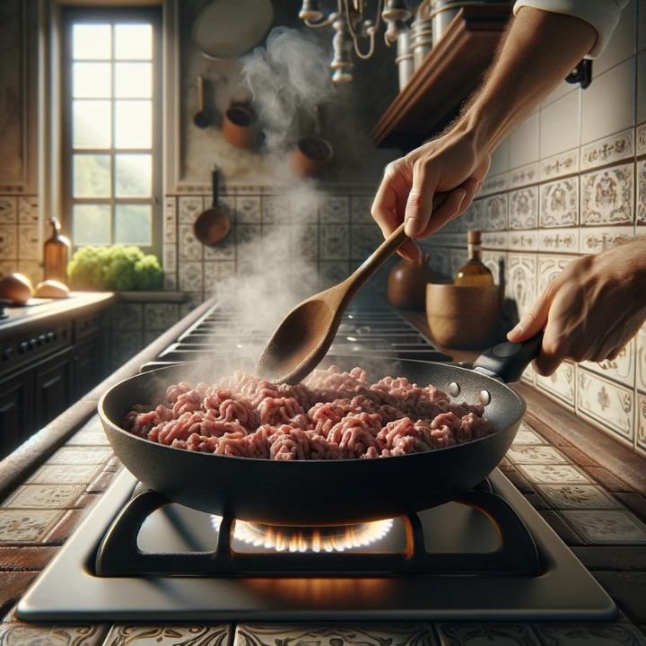 Ground beef cooking in a frying pan in an Italian kitchen