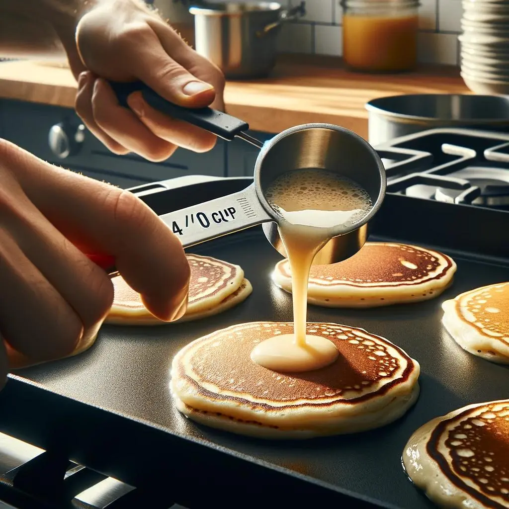 A person uses a 1/4 cup measure to scoop pancake batter onto a hot griddle, with the process of flipping a pancake to show its browned underside in a bright, functional kitchen.