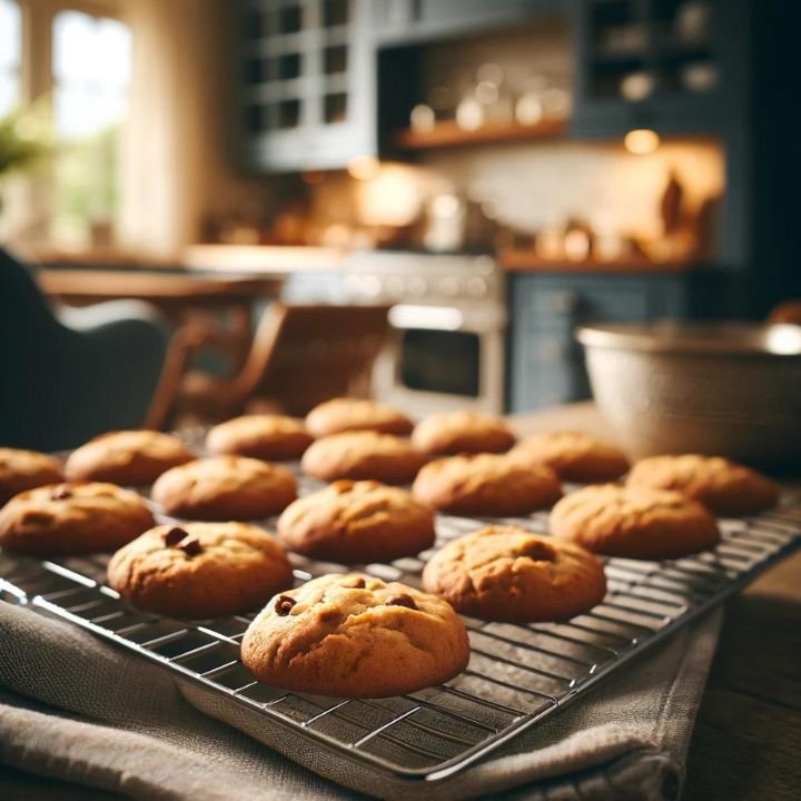 Freshly baked cookies on a wire rack, cooling down in a cozy kitchen setting.