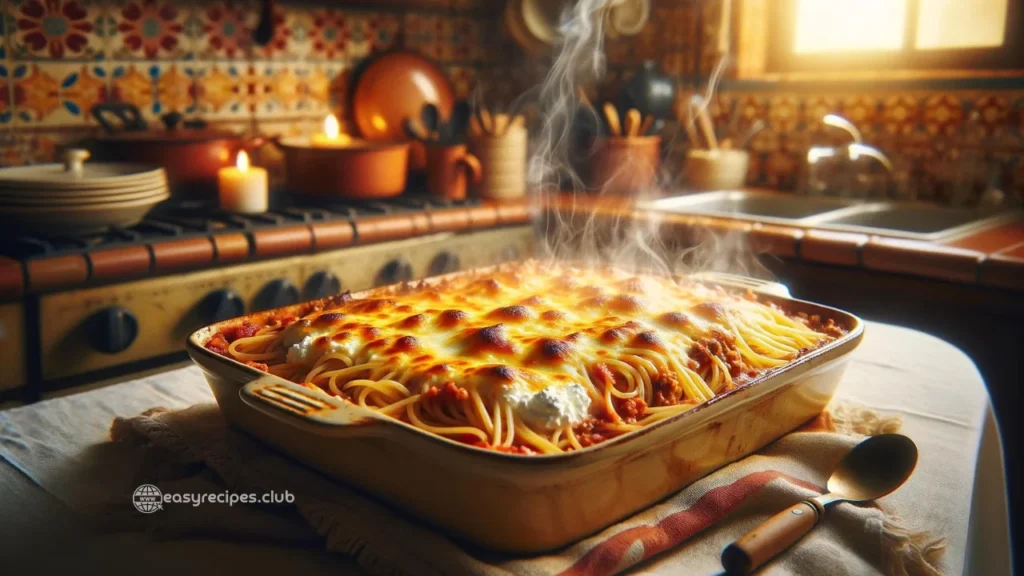 A hearty casserole of baked spaghetti with layers of ricotta, meat, and tomato sauce, fresh from the oven in a kitchen adorned with Italian decor, emphasizing the fusion of Italian and American culinary traditions.

