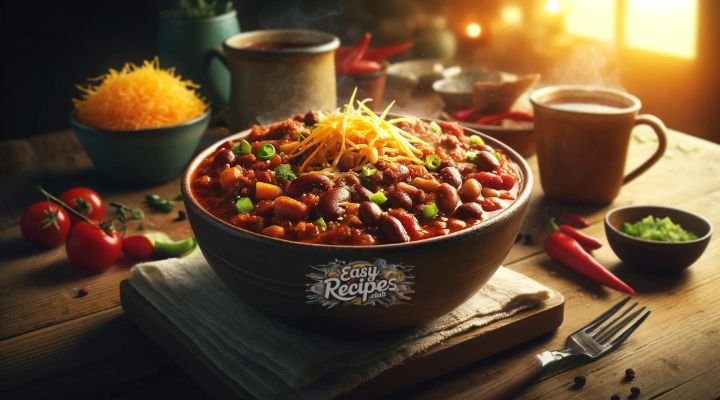 A wide photo-realistic image of a bowl of Chilli Con Carne, perfect for a chilly evening. The bowl contains a hearty mix of ground beef, beans, and tomatoes, topped with sour cream and shredded cheddar cheese. Beside the bowl is a steaming cup of tea, all set on a wooden kitchen table, creating a warm and inviting atmosphere.