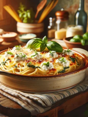 Baked Spaghetti with Ricotta served in a ceramic dish on a rustic wooden table, topped with creamy ricotta, fresh basil, and parmesan shavings in a cozy kitchen setting.