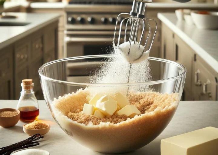 The process of creaming butter and sugars for cookie dough. A mixer is blending softened butter with white and brown sugars until the mixture is light and fluffy, creating the perfect base for delicious cookies