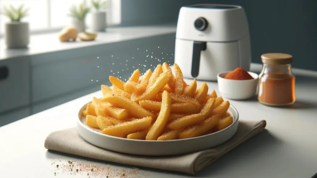  Golden crispy air fryer French fries seasoned with paprika and garlic powder.