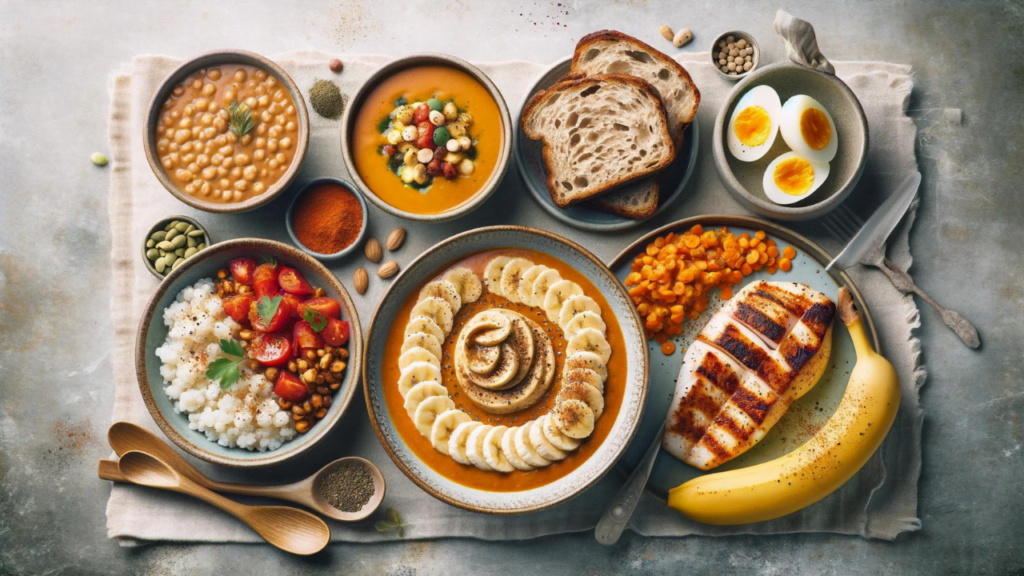 A photo-realistic image displaying a day's meals, featuring a colorful smoothie bowl for breakfast, a warm bowl of lentil soup with whole-grain bread for lunch, a plate of baked tilapia with cauliflower rice for dinner, and a seasoned hard-boiled egg as a snack.
