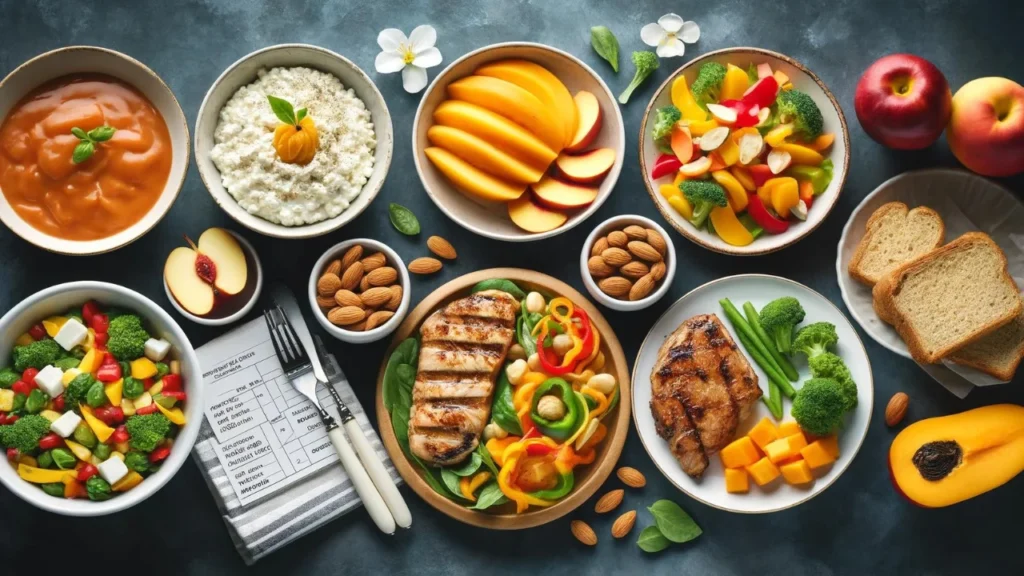 A photo-realistic image featuring a day's meals: creamy cottage cheese with vibrant peaches for breakfast, grilled chicken with a colorful bell pepper and mango salad for lunch, a sizzling beef stir-fry with vegetables for dinner, and a small dish of almonds as a snack.