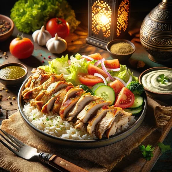 A plate of Chicken Shawarma recipe with seasoned chicken slices, basmati rice, garlic sauce, and a colorful salad on a rustic wooden table, garnished with parsley and a lemon wedge.