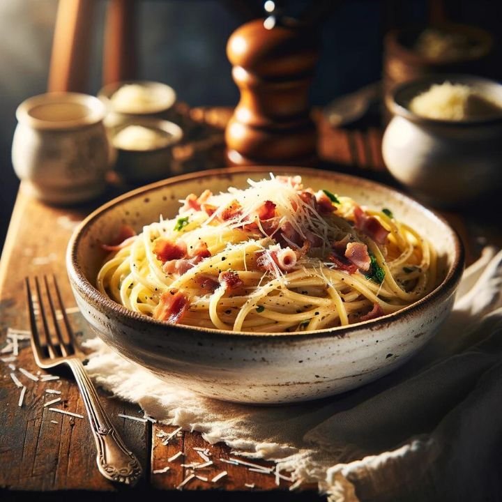 Photo of Spaghetti Carbonara in a white ceramic bowl on a wooden table, topped with crispy pancetta, grated Parmesan, and black pepper. A fork is placed beside the bowl.